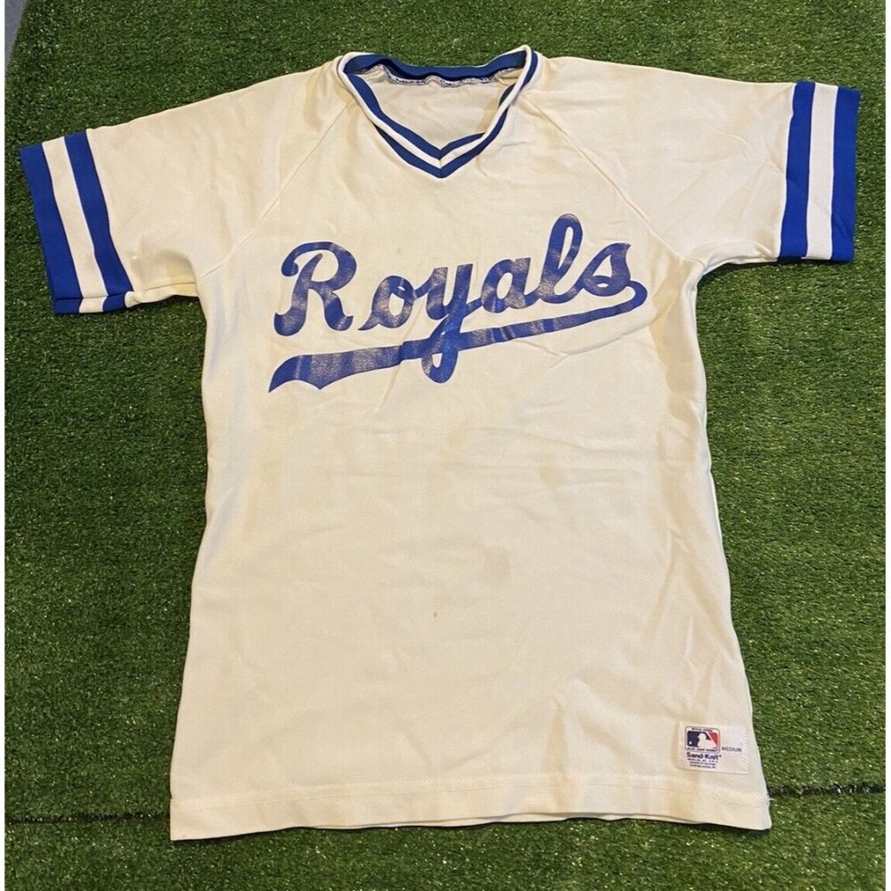 Vintage Kansas City Royals jersey mens small white blue Sand Knit baseball 35